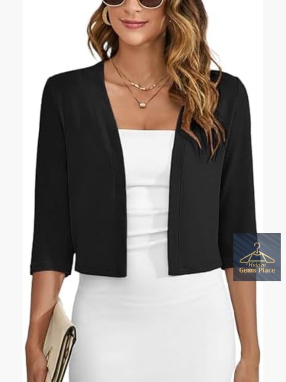 Women's 3/4 Sleeve Cropped Cardigan Shrug - Lightweight Open Front